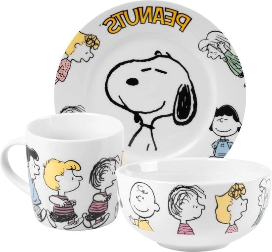 Set da colazione - Famiglia Snoopy - Set da tavola 3 pezzi - piatti, ciotole e tazze - porcellana bianca
