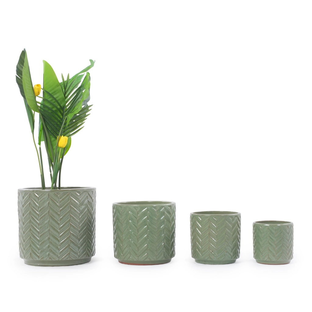 VASO PORTAPIANTE in ceramica Ø31,5 cm Verde salvia lucido con rilievo a spina di pesce