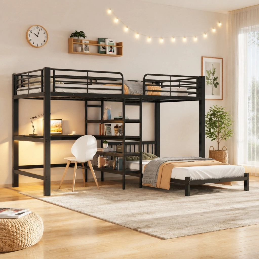 Letto a soppalco con scrivania, ripiani e prese USB, nero 90 x 200 cm