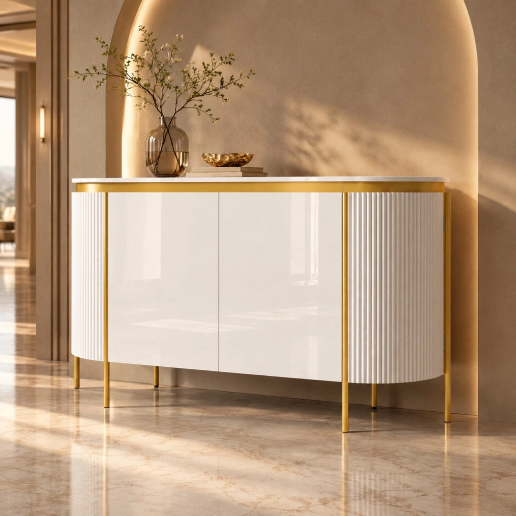 Credenza ovale 140x38x80 cm con 4 ante e passacavi bianca HOMVRA