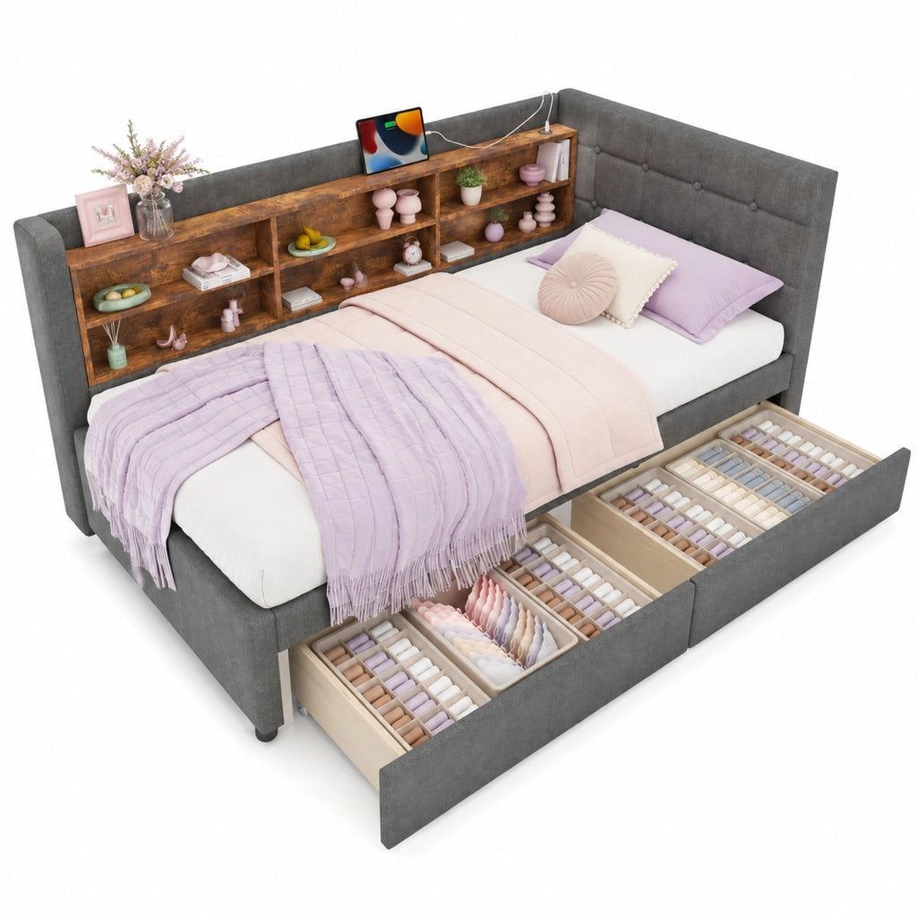 Letto singolo 90x200 cm grigio con cassetti, USB e Type-C