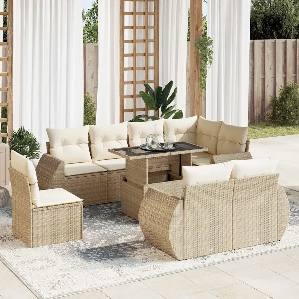 Set Divano da Giardino 9 pz con Cuscini Beige in Polyrattan 3326659