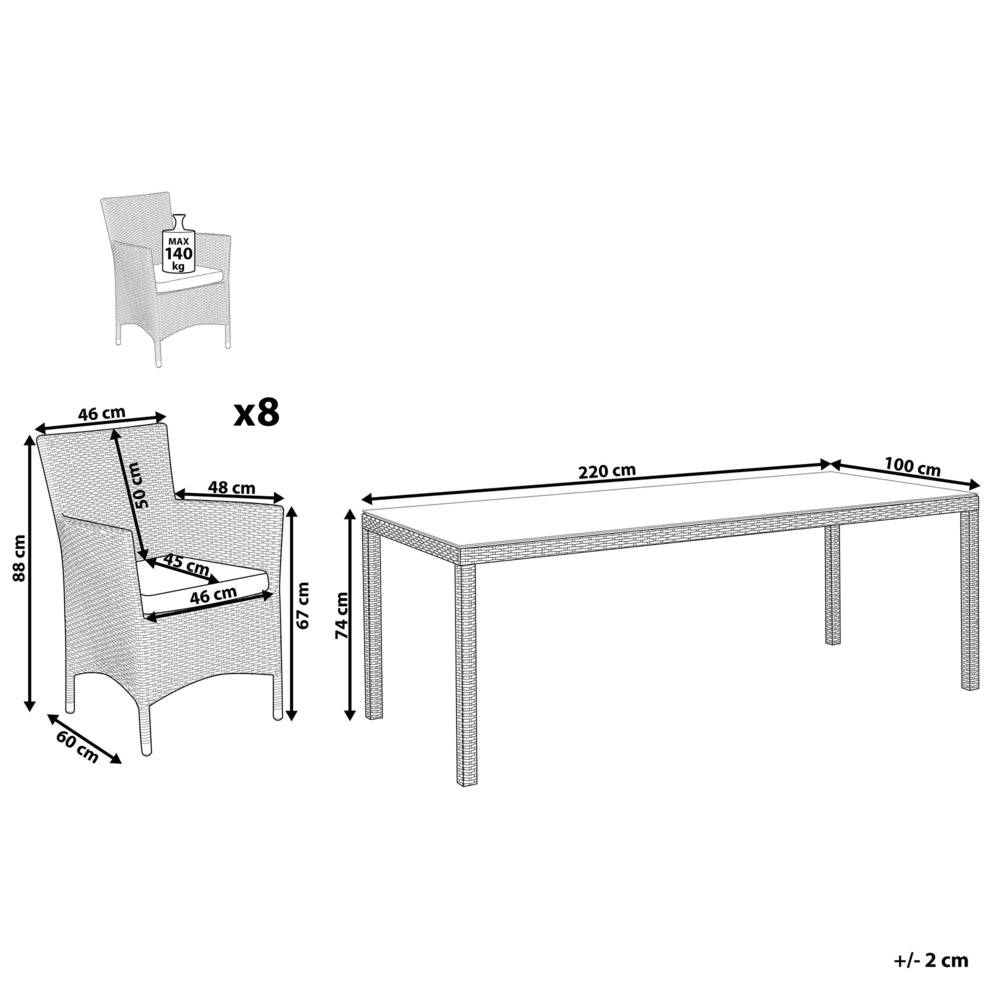 Set da Pranzo da Giardino con Tavolo e 8 Sedie con Cuscini in Simil Rattan Bianco