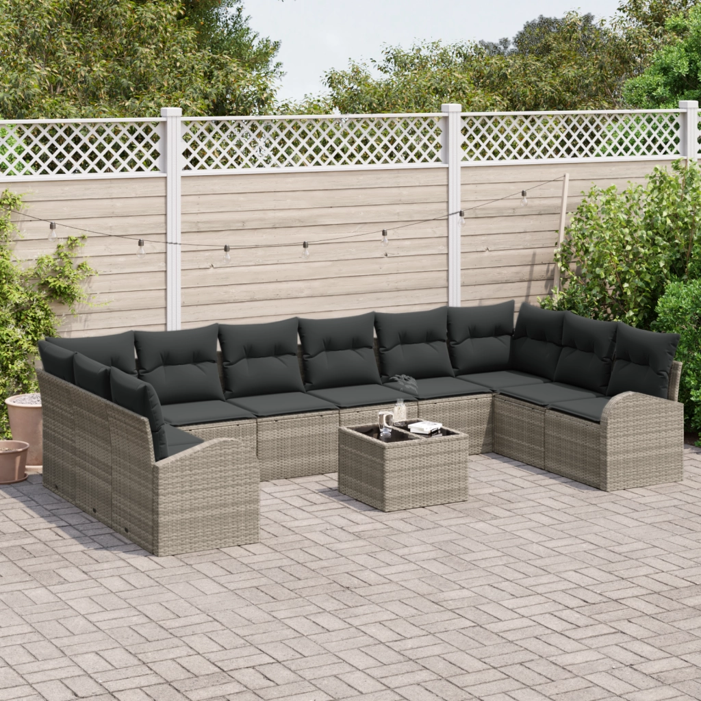 Set Divano da Giardino di 11 Pezzi con Cuscini Grigio Polyrattan