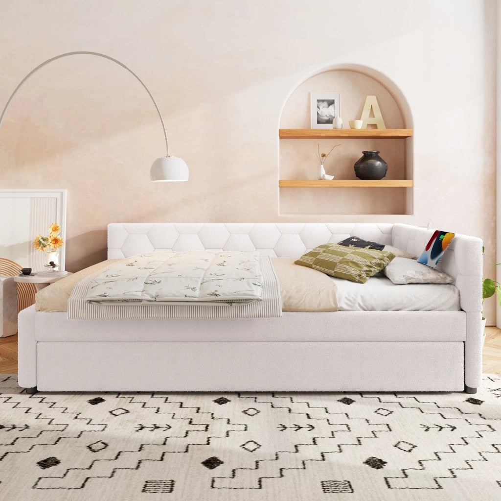 Letto con rete e letto estraibile 140 x 200 cm, bianco, con luce notturna e porte USB
