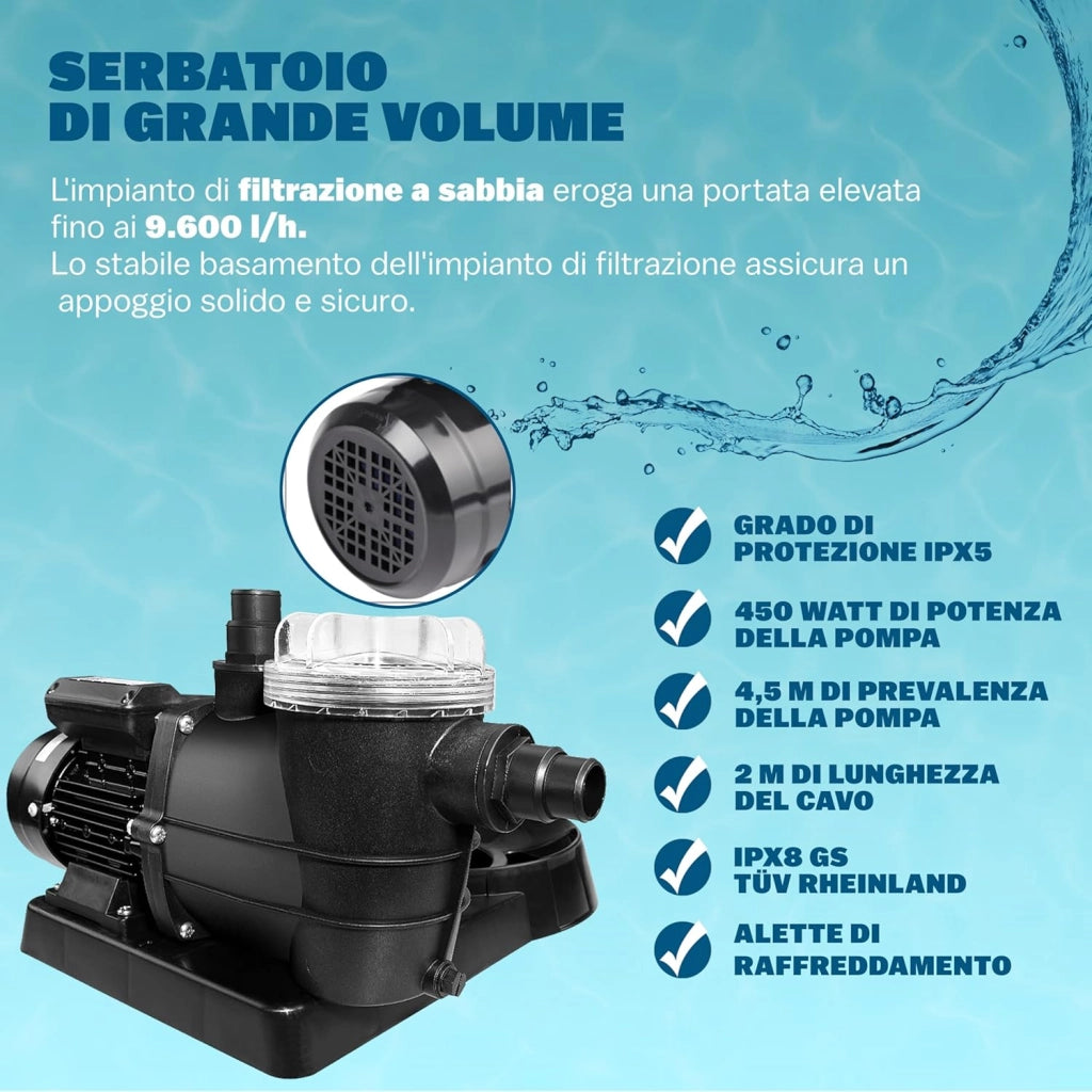 ® Pompa Filtro Piscina a 7 Vie 9.600 L/h Serbatoio 25 L Pompaggio a Sabbia Prefiltro