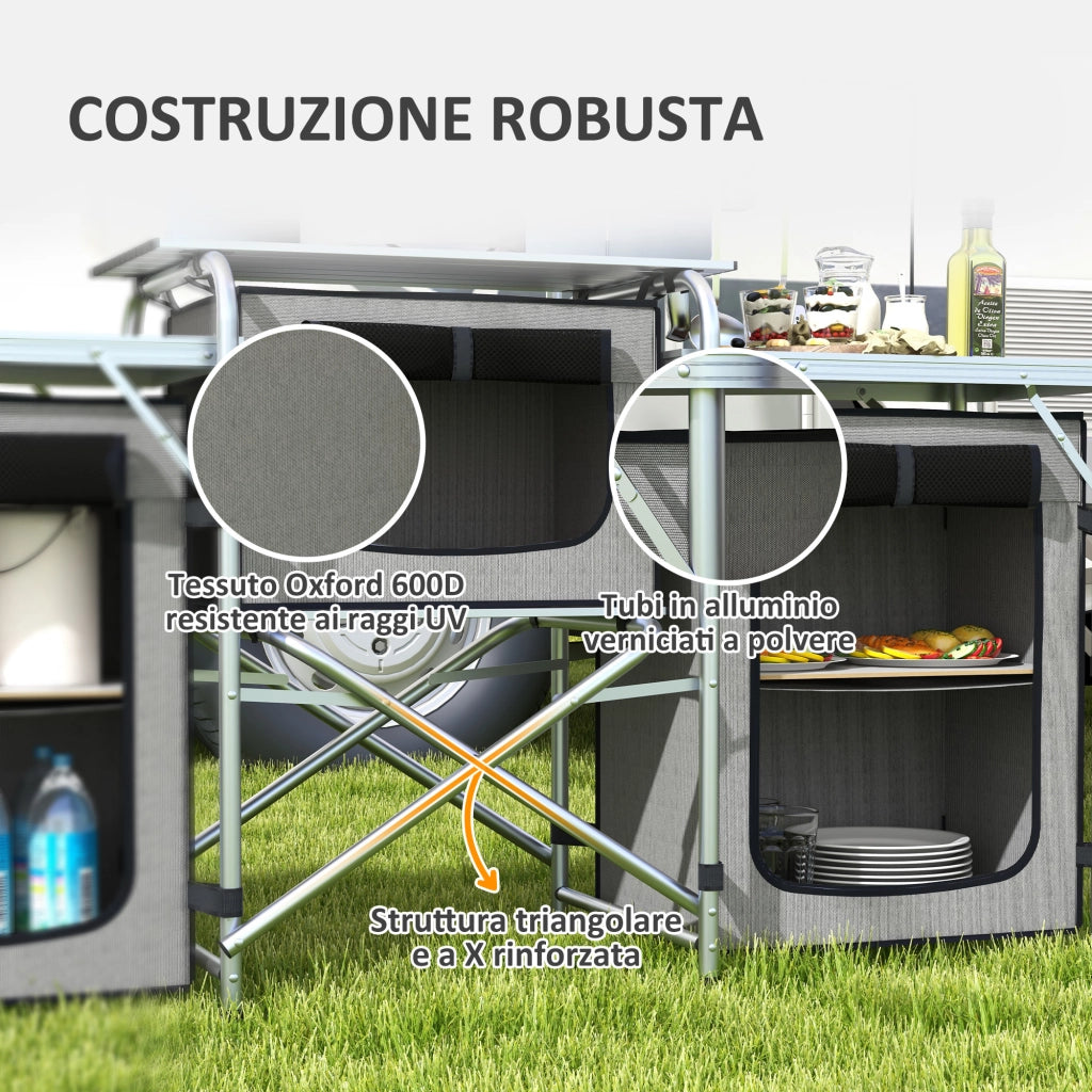 Cucina da Campeggio Pieghevole a 3 Piani con 5 Ripiani Interni e 4 Ganci, 172x48x130 cm, Grigio e Argento