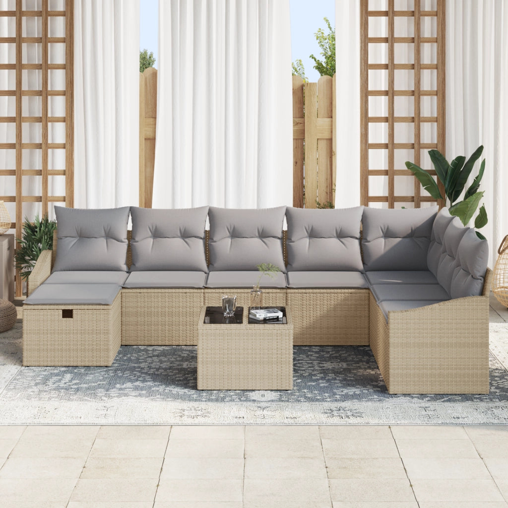 Set di Divani da Giardino con 9 Pezzi e Cuscini Beige in Polyrattan