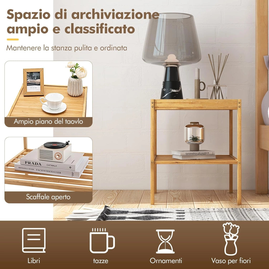 Set 2 Comodini a 2 Livelli 40x40x45cm in Bambù, Tavolino Moderno Camera da Letto, Mobile da Divano e Letto per Soggiorno e Ufficio, Naturale