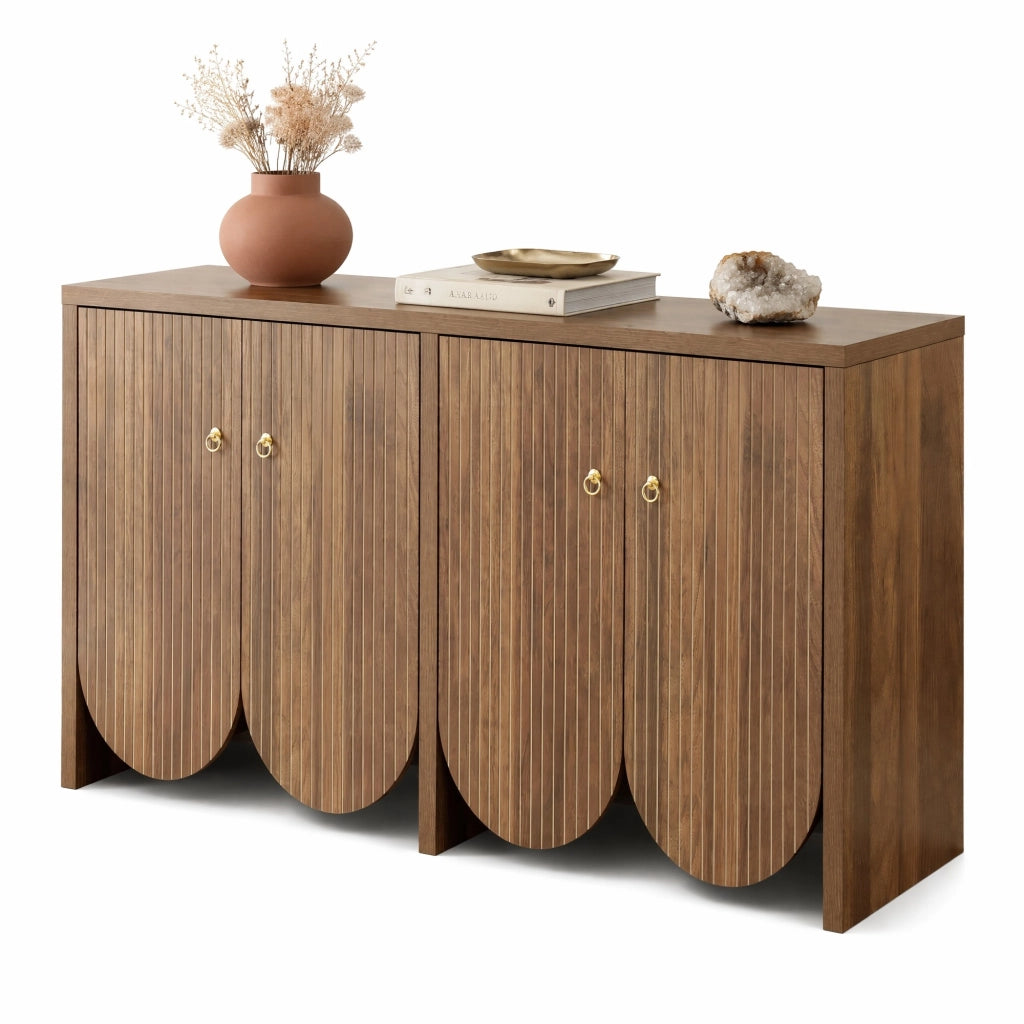 Credenza in MDF effetto noce con 4 ante, 147x40x80 cm