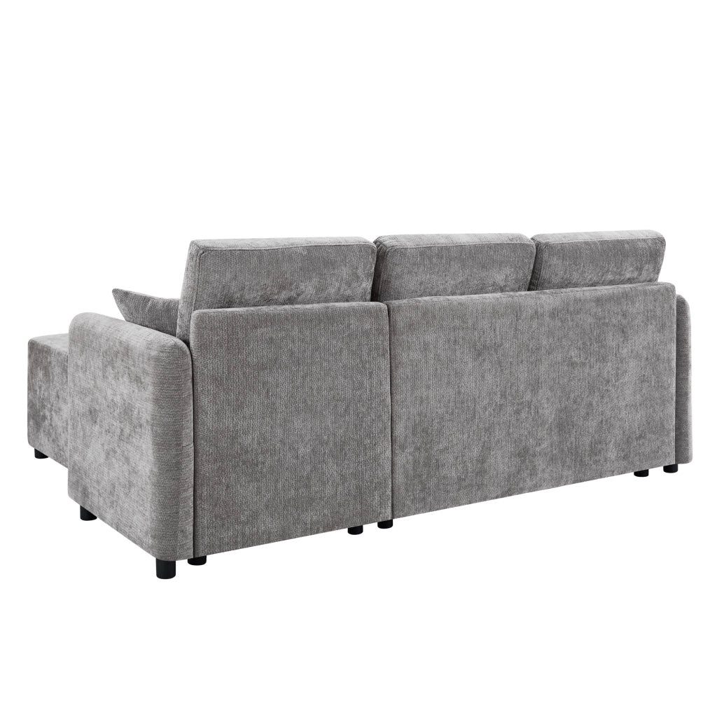 Divano angolare a L a 3 posti con area relax e 2 cuscini in ciniglia con struttura in legno massello grigio