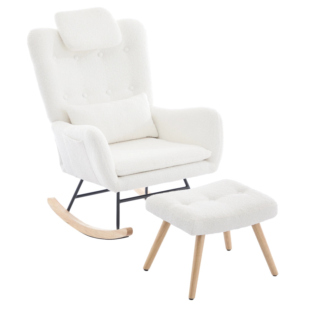 Sedia a dondolo 73x92x102 cm con cuscino per il collo e lombare e poggiapiedi in tessuto teddy bianco