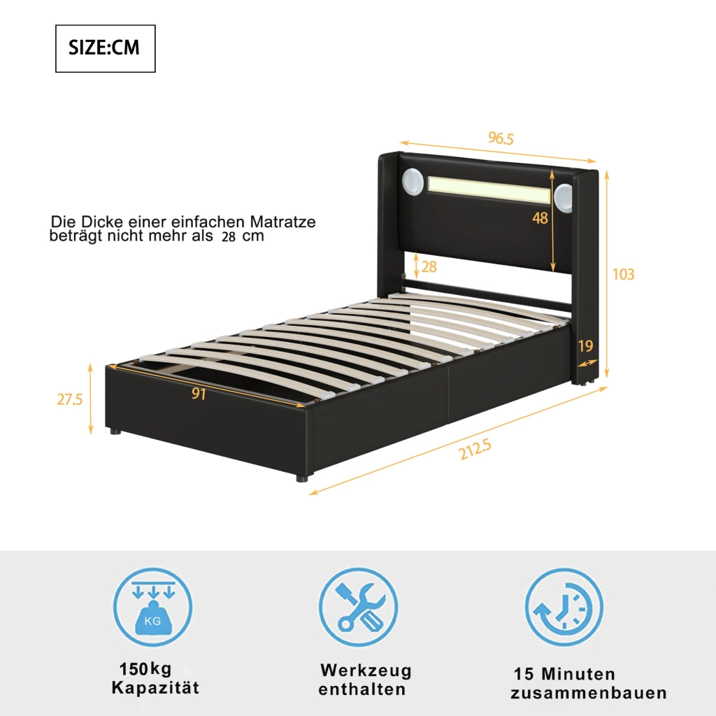 Letto imbottito nero con funzione LED bluetooth e ricarica USB in PU pelle 90x200 cm