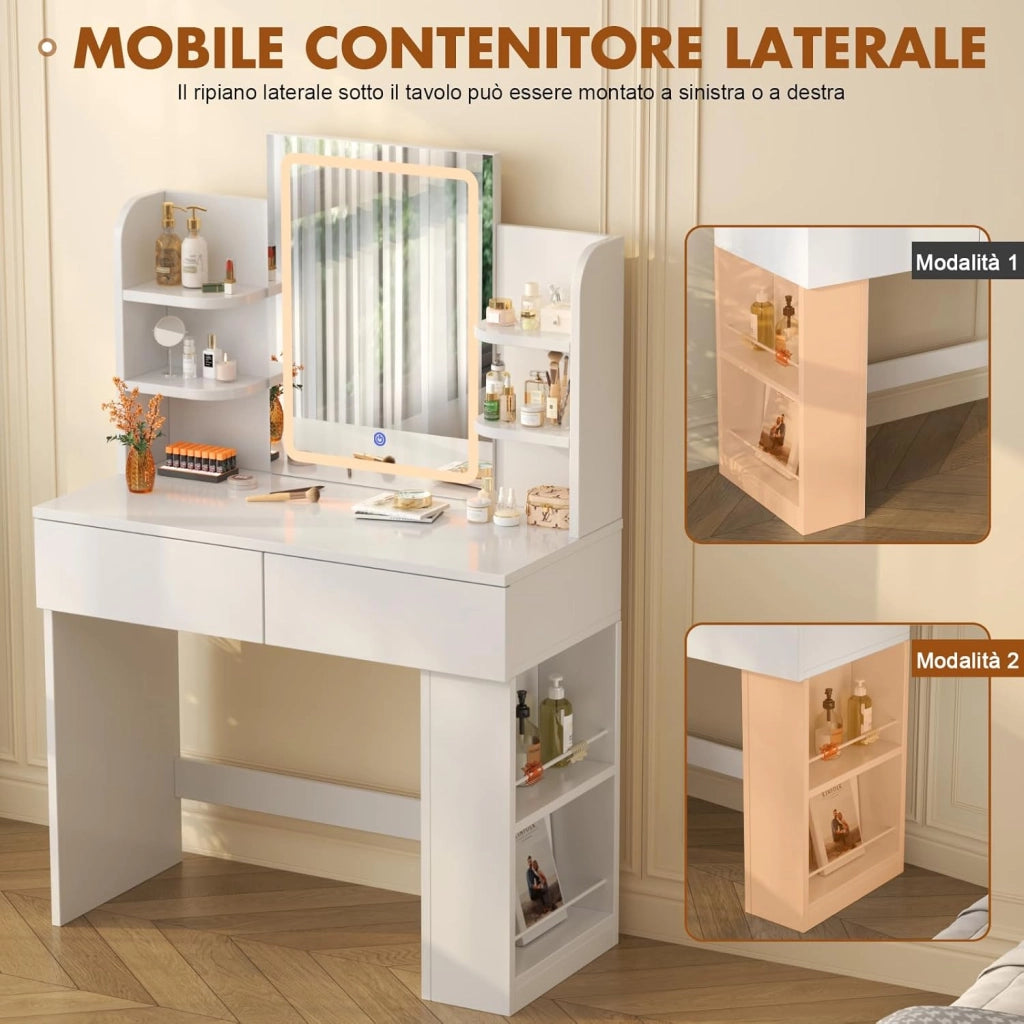 Toeletta Trucco con Luci LED 3 con Luminosità Regolabile,Tavolo da Trucco con Specchio, Ripiani Regolabili, 2 Cassetti, in Legno,Moderno (Bianco, 90cm)