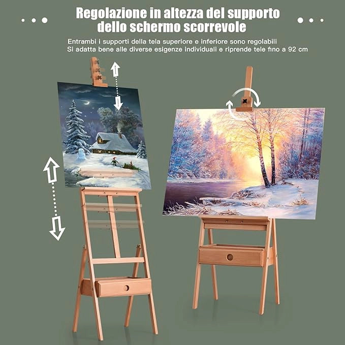 Cavalletto Pittura Legno con Cassetto e Vassoio, Cavalletto Disegno per Dipingere, Pittore Altezza Regolabile, 44x44x(149,5-193,5) cm