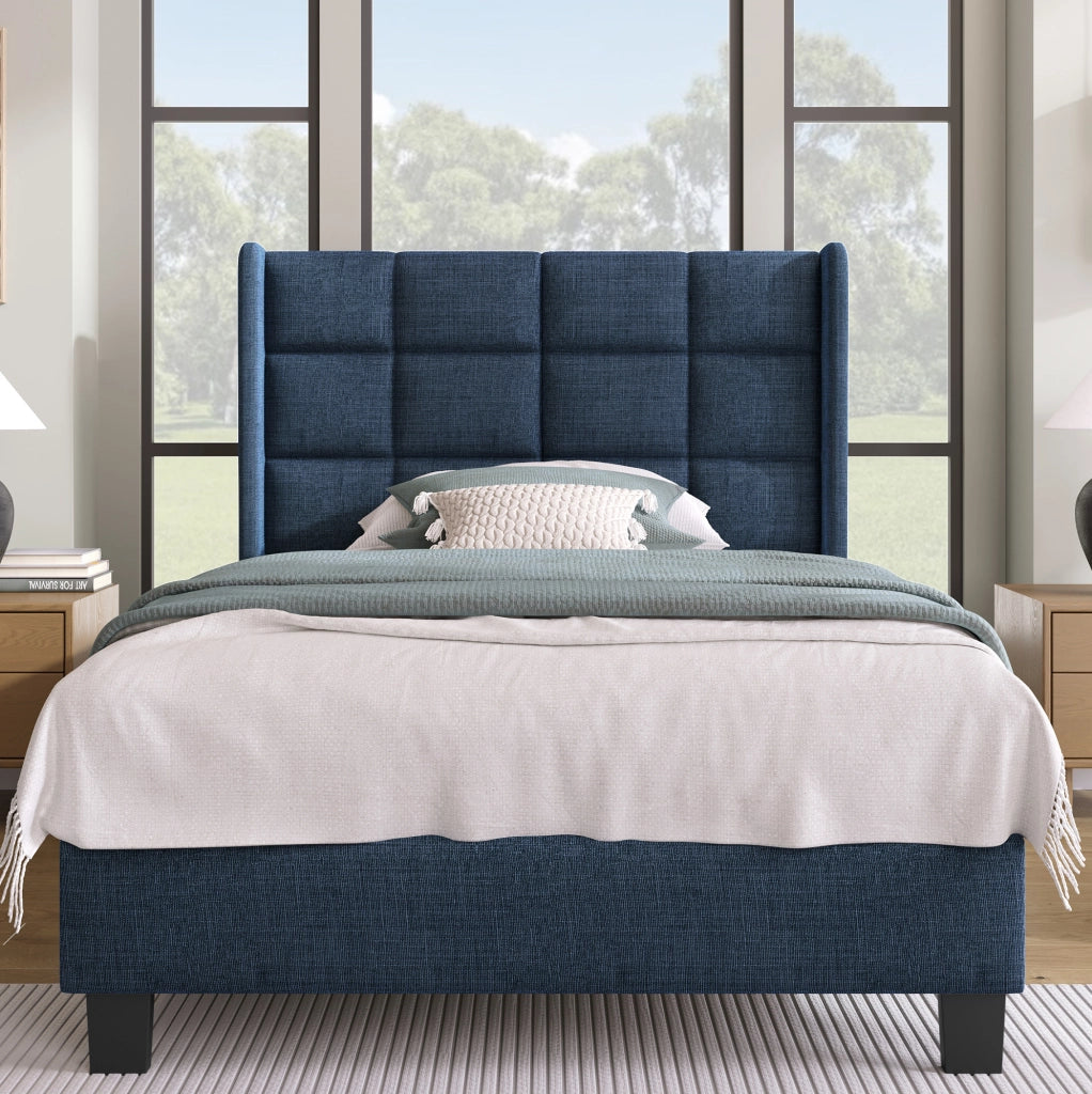 Letto singolo imbottito con testiera e rete a doghe 90x200 cm in lino blu