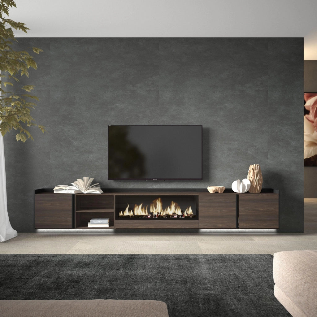 Mobile TV Soggiorno, 315x50x35 cm, Per TV fino a 80", Camino elettrico XXL, Sospeso, da appendere, LED, Rovere scuro e Nero