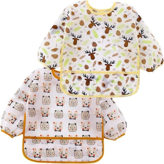 Kit di protezione per bambini con maniche lunghe - 2 pezzi - impermeabile - giacca da pranzo con tasca - per bambini di 2-3 anni - giallo eland/marrone orso.