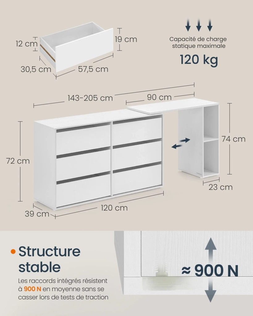 Comò da toeletta a montaggio rapido 39 x 120 x 72 cm cassettiera contenitore con ripiani affiancati o a L per camera da letto ufficio bianco 12_0006065