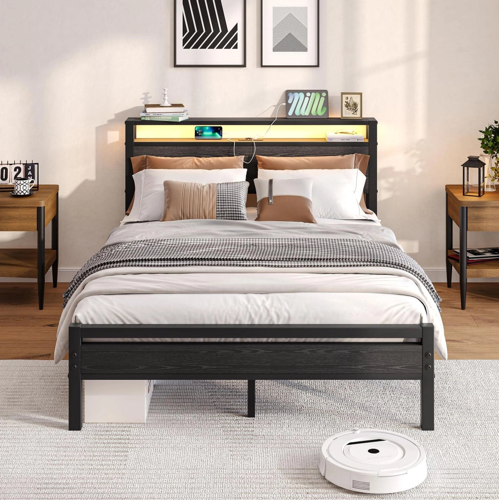 Letto 140x190 cm in metallo con testiera contenitore e USB