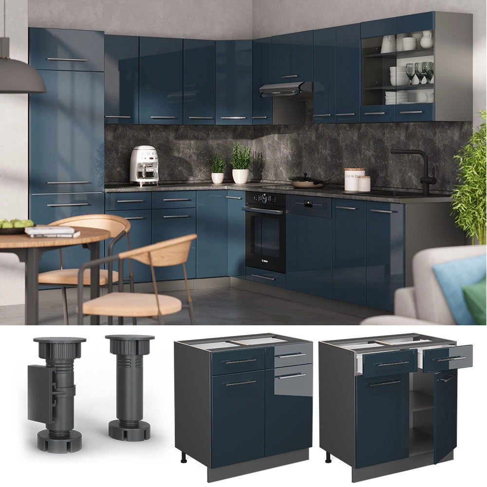 Mobiletto base per cucina Fame-Line Blu scuro lucido/Antracite 80 cm, PL Marmo Vicco