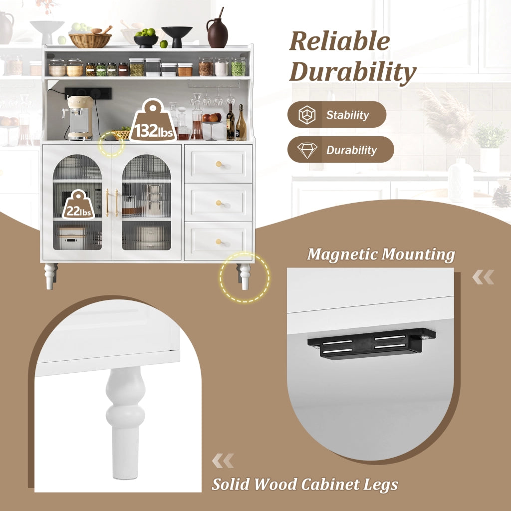 Mobile bar con 3 cassetti e ripiani regolabili; portabicchieri e presa; per cucina e sala da pranzo; 120×40×138.5 cm; bianco