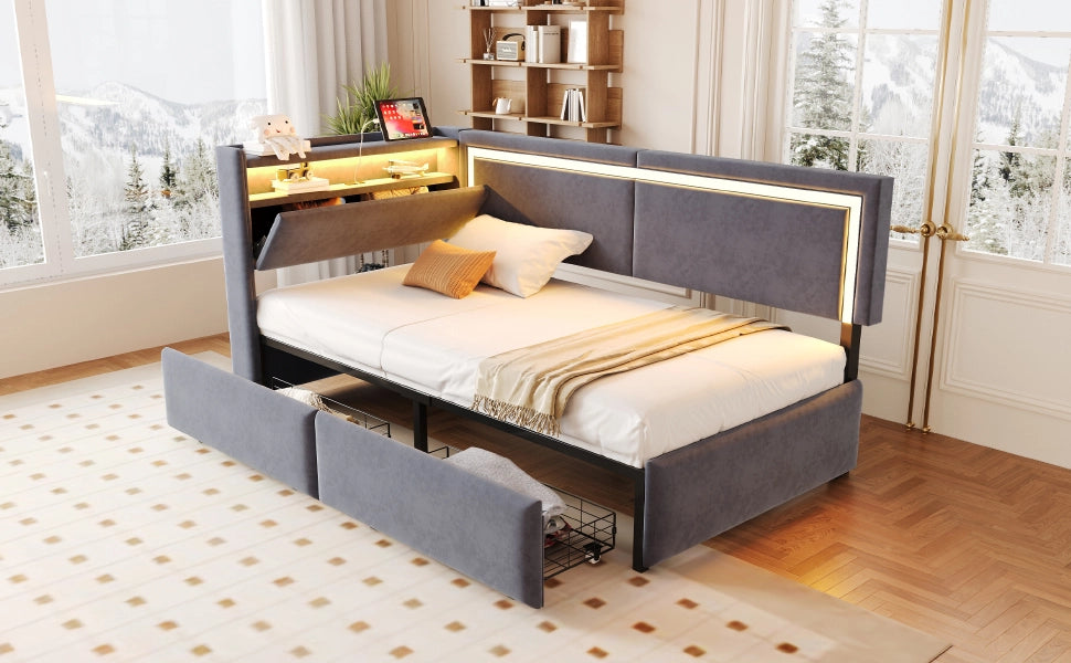 DESMIU Letto divano 90 × 200 cm 1 posto con LED, USB e vani contenitore, senza materasso, in velluto grigio