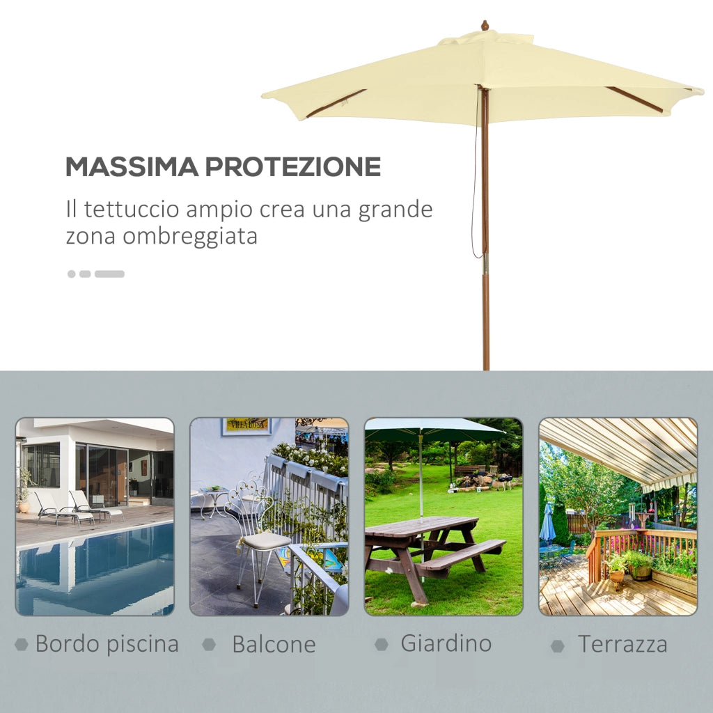 Ombrellone da Giardino 2.5x2.3 m a 6 Stecche in Legno Laccato e Poliestere. Beige