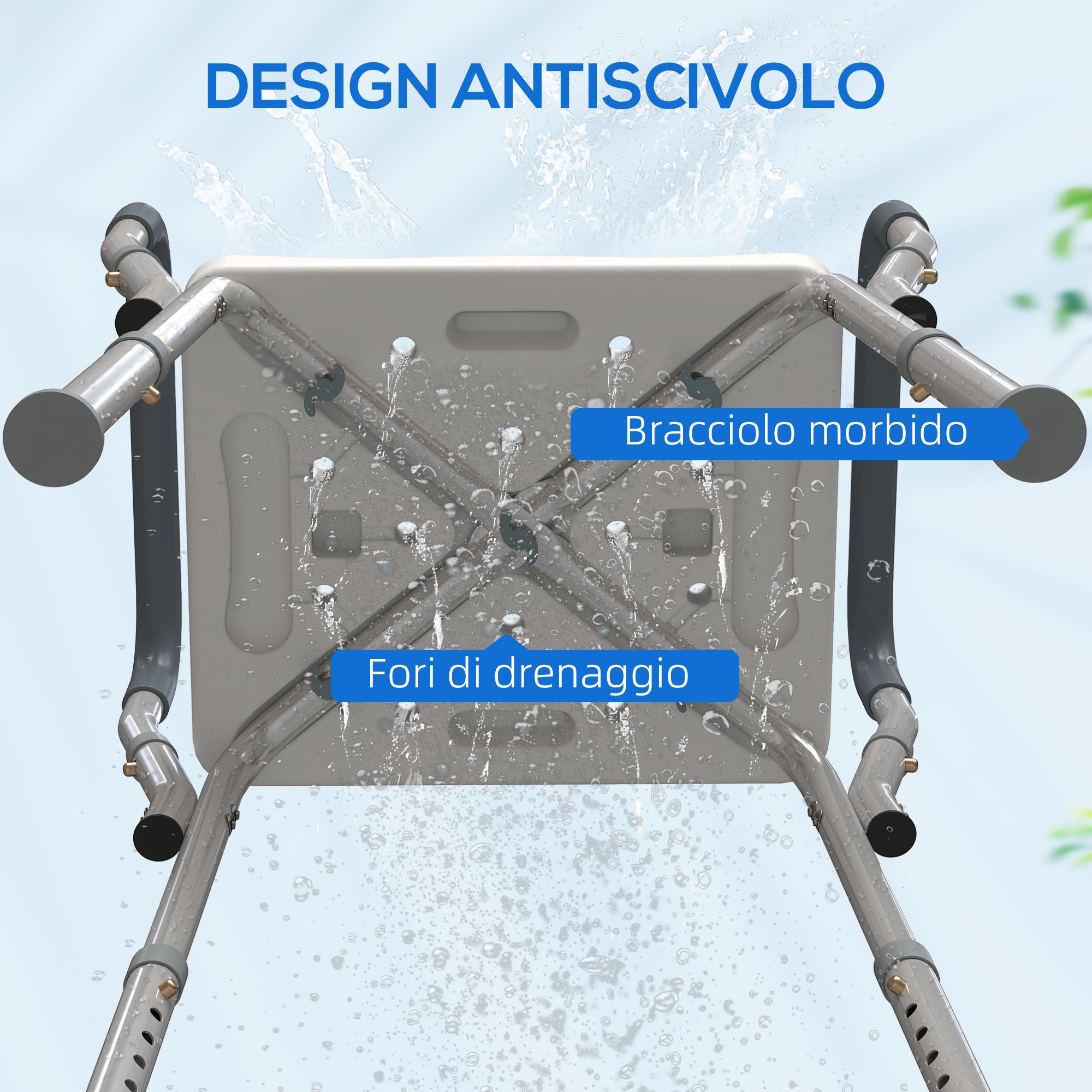 Sgabello per Doccia Regolabile 52x45x57-69 cm con Braccioli e Fori di Drenaggio in Alluminio Grigio