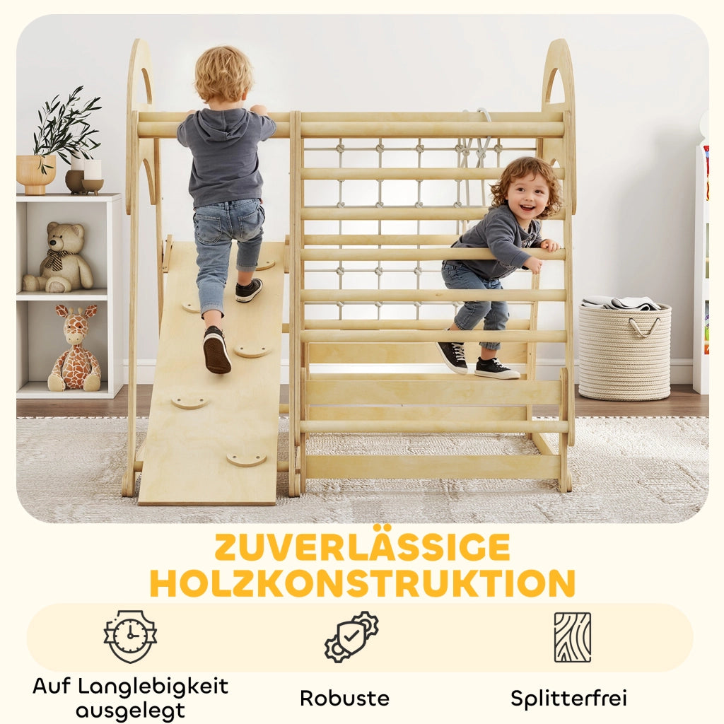 Set arrampicata interno 6-in-1 ¨C Xylo ¨C con scivolo, scala, rete e parete, legno, 3-6 anni