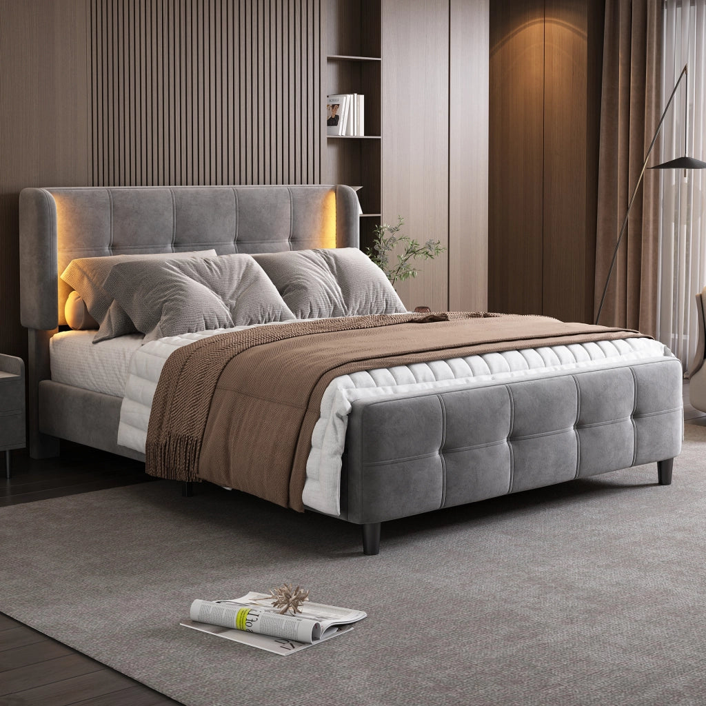 Letto Matrimoniale 140 x 200 cm - LED Regolabile e Testiera Regolabile - in Velluto - Grigio