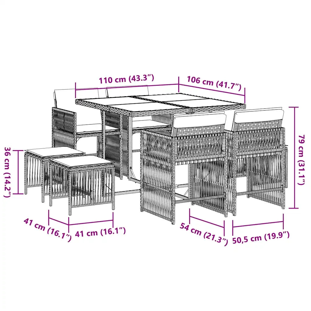 Set da Pranzo da Giardino 9 pz con Cuscini Nero in Polyrattan 3211674