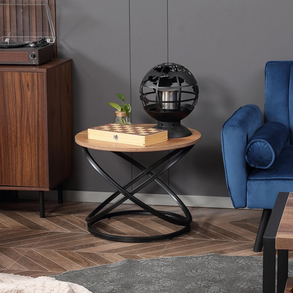 Tavolino da caff¨¨ rotondo stile industriale ¨C zephmum ¨C metallo nero piano legno ?60x46 cm