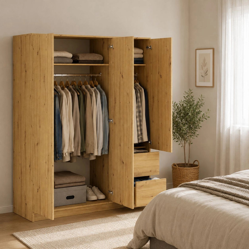Armadio Camera da Letto Leseto, Guardaroba 3 Ante Appendiabiti, 147x57 cm Marrone Rovere