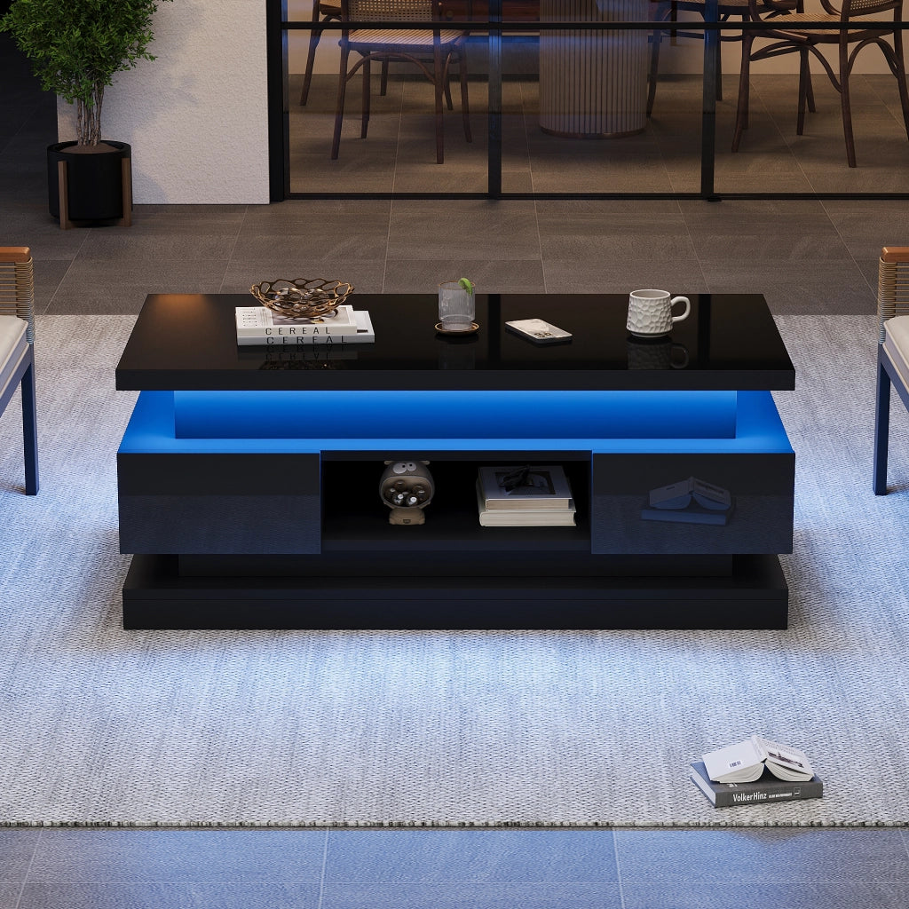 Tavolino elevabile nero con LED, 2 cassetti e porta USB