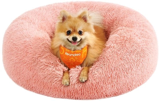 Letto per cani, Letto per gatti morbido, Cuscino donut, Lavabile, Ripieno rimovibile, Plush lungo, 60 cm di diametro, Rosa PGW038P01