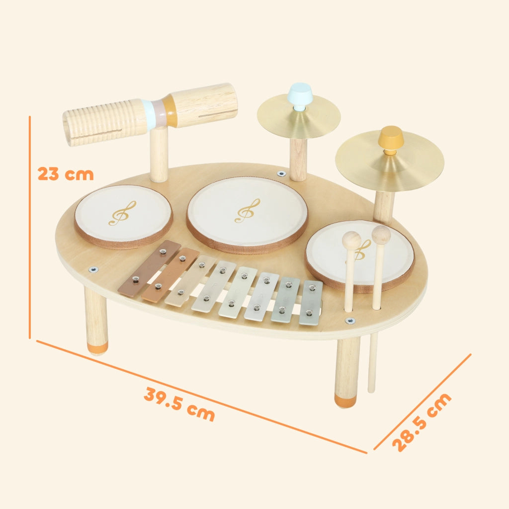 Set di Strumenti Musicali per Bambini da 2+ Anni con Tamburi e Xilofono, Colore Legno