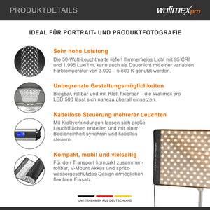 Flex 500 LED Set Pannello luminoso a LED bicolor con softbox con diffusore frontale, lampada da 50 W, 1.995 Lux/1m, luce fotografica dimmerabile, accessori fotografia