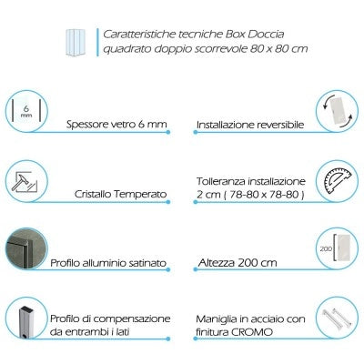Box doccia angolare 80x80 cm doppio scorrevole in cristallo trasparente Ted