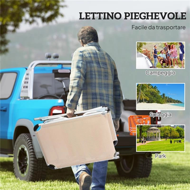 SDRAIO PIEGHEVOLE CON POGGIATESTA E SCHIENALE REGOLABILE IN ALLUMINIO, 60X165X76 CM, BEIGE