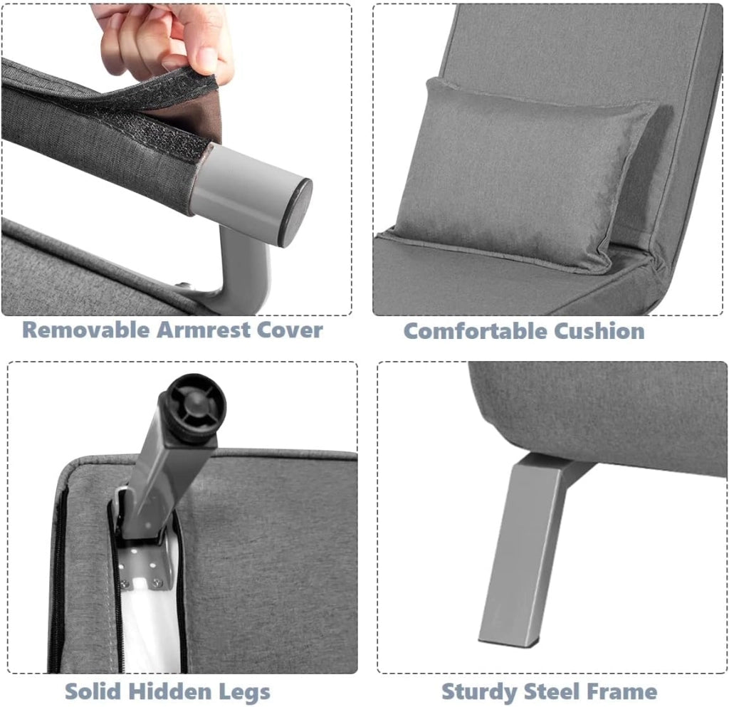 2 in 1 Poltrona Letto Pieghevole, Schienale Regolabile a 5 Livelli, con Braccioli e Cuscinetto, Chaise Longue Soggiorno, Telaio in Metallo, Carico di 150 kg, 59x78,5x83 cm, 5 Colori
