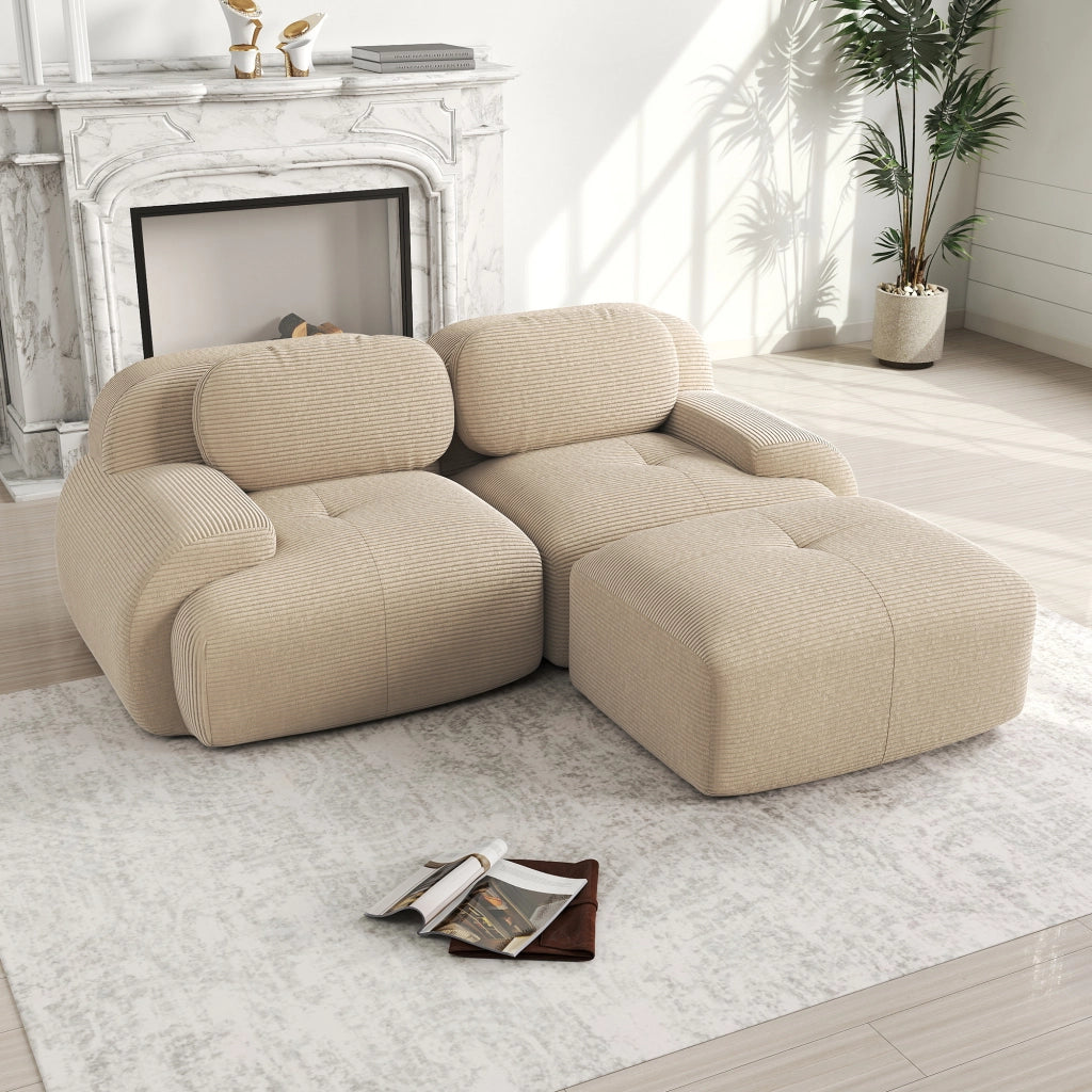 Divano angolare modulare senza montaggio; in schiuma 32D; braccioli curvi; tessuto a coste beige