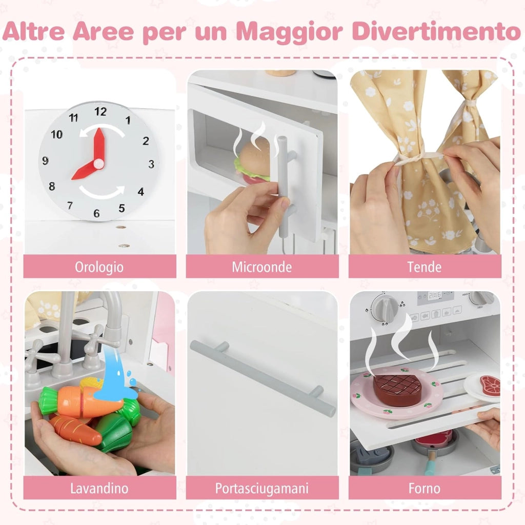 Cucina Giocattolo per Bambini, Cucina Finta in Legno Regolabile in Altezza, Forno a Microonde, Fornelli, Lavello, Forno, Fabbricatore di Ghiaccio, Cucinetta Giocattolo con Tende, per 3+ Anni