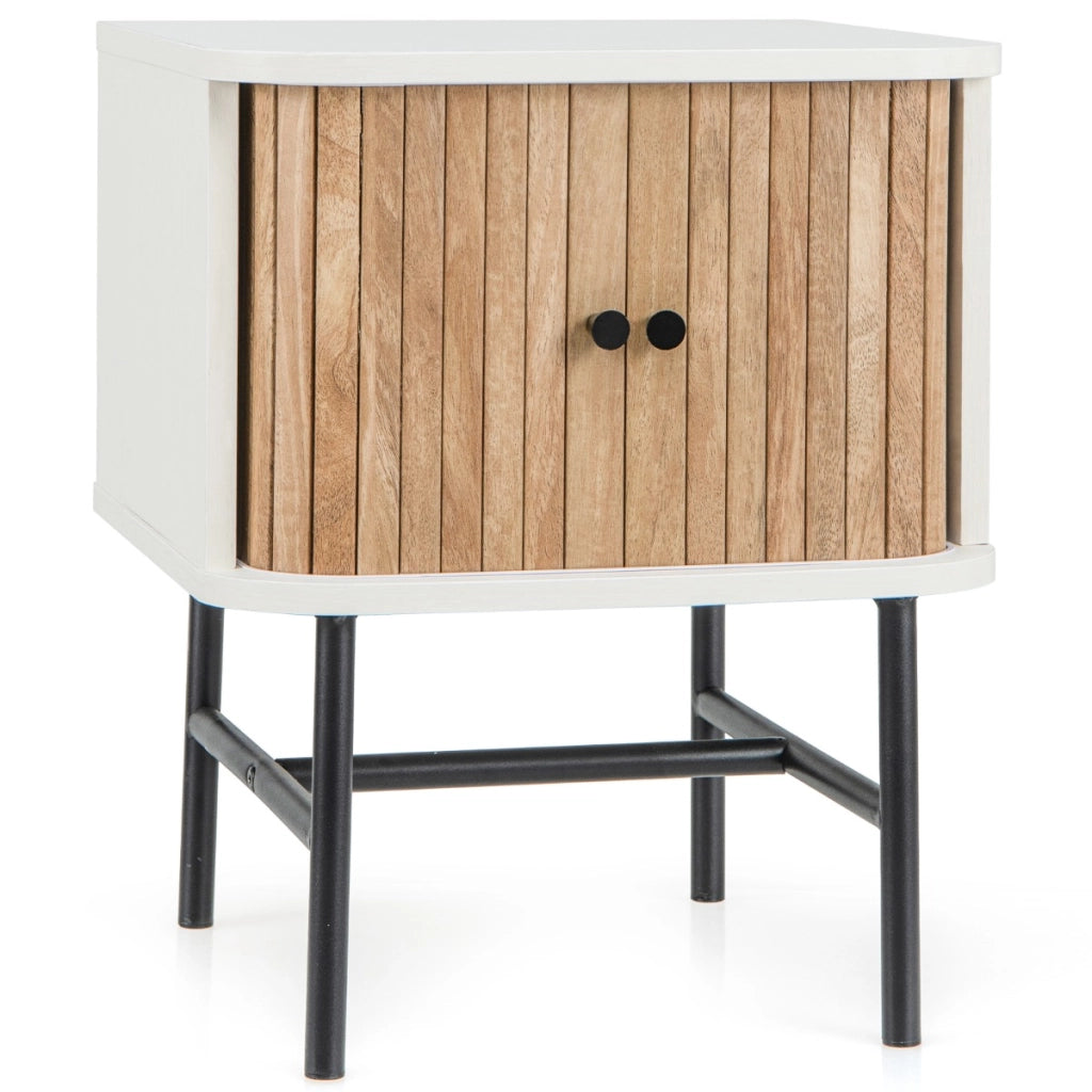 Comodino con ante scorrevoli scomparto chiuso gambe metalliche, Tavolino mid-centuryo laterale per soggiorno Bianco-Comodini
