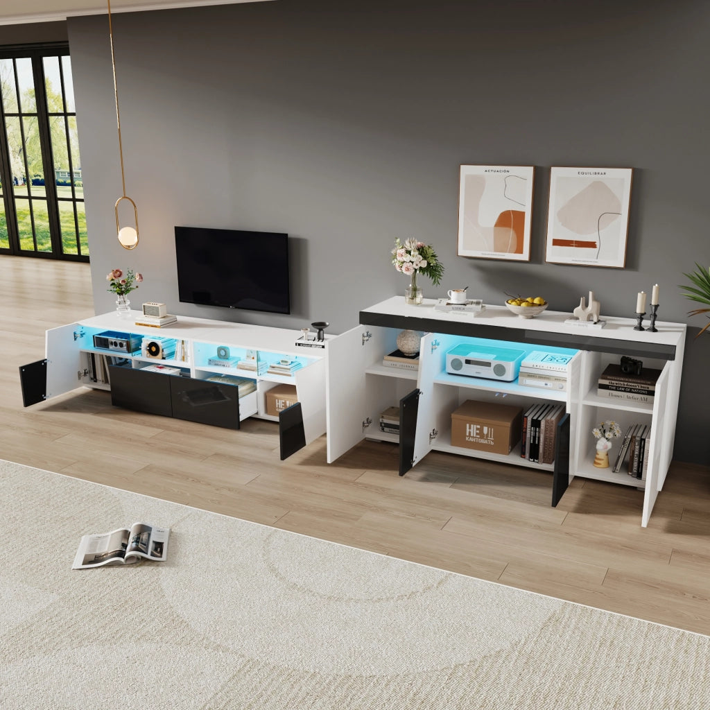 Mobile TV con LED e sideboard bianco e nero in MDF; 180 cm e 140 cm