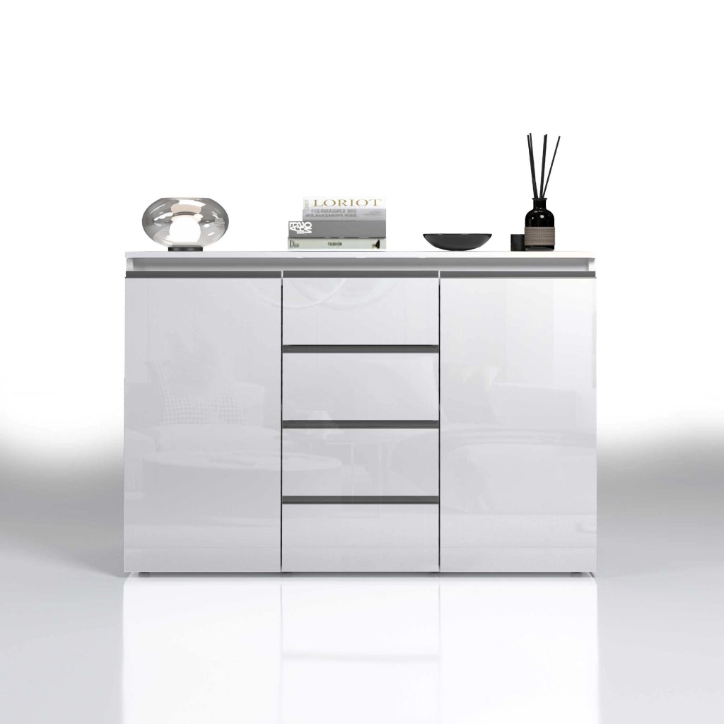 WHOUS Credenza a cassettiera Magic 2 ante e 4 cassetti bianco lucido 120x40x105 cm