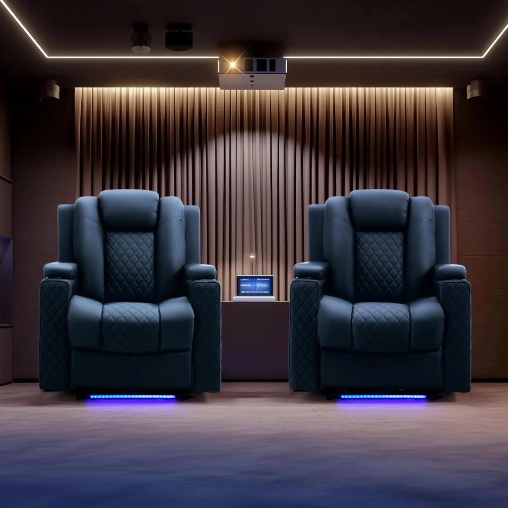 Poltrona Massaggiante Elettrica Illuminazione a LED Divano Telaio Home Theater Shake Divano Reclinabile Girevole con 2 Portabicchieri Blu