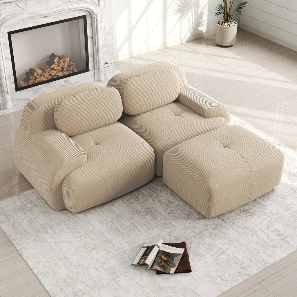 Divano angolare modulare 208x178x70 cm in tessuto a coste beige; senza montaggio
