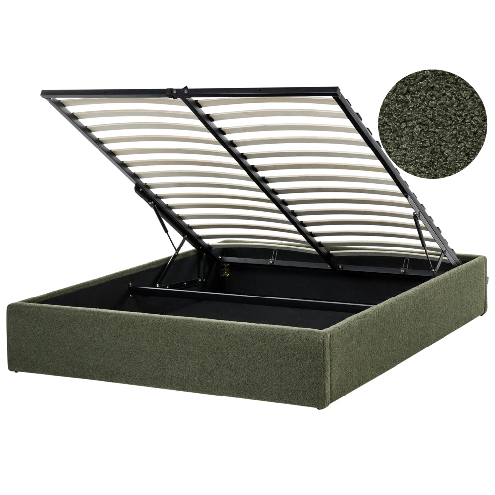 Letto matrimoniale con contenitore in tessuto bouclè verde sporco 140 x 200 cm stile moderno