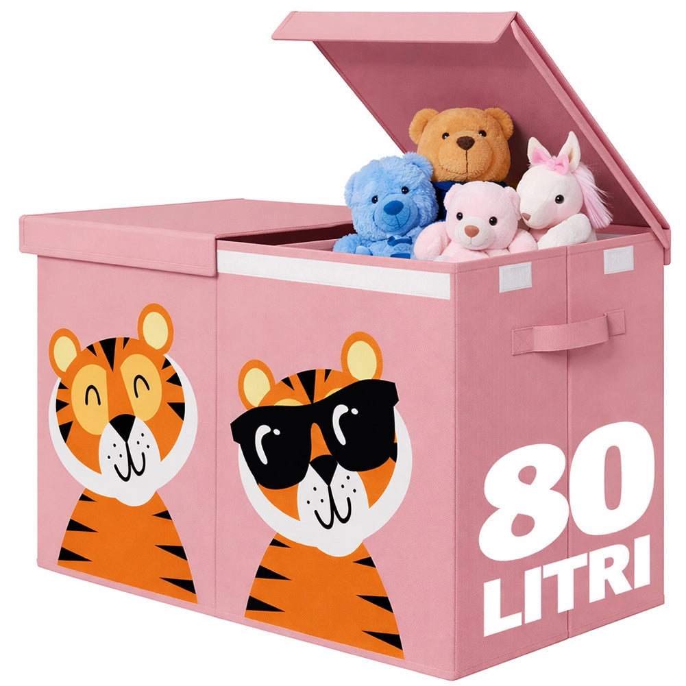 Box Contenitore per Giocattoli 62,5x31,5x40 cm Pieghevole Doppio Scomparto 80L Design Animali in Tessuto Oxford Rosa